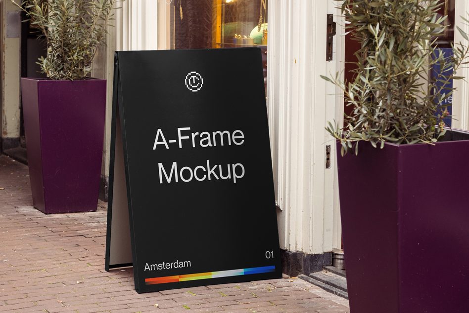 Realistic A-Frame sign mockup on a sidewalk, with urban background, perfect for outdoor advertising and display design.